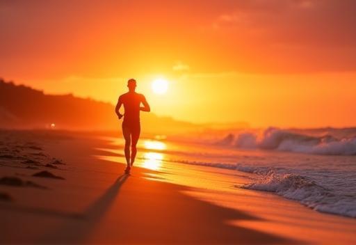 Athlete running on the beach at sunrise in Burleigh Heads
