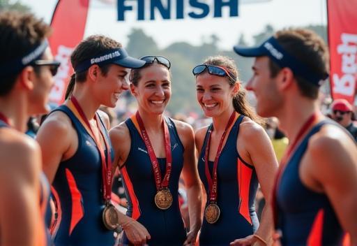 Athletes chatting and laughing at a race finish line
