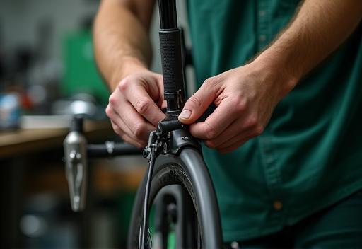 Bike mechanic working on a road bike in the Tri Nation workshop