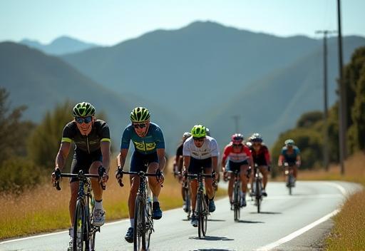 Cyclists riding together on an open road in the Gold Coast hinterland