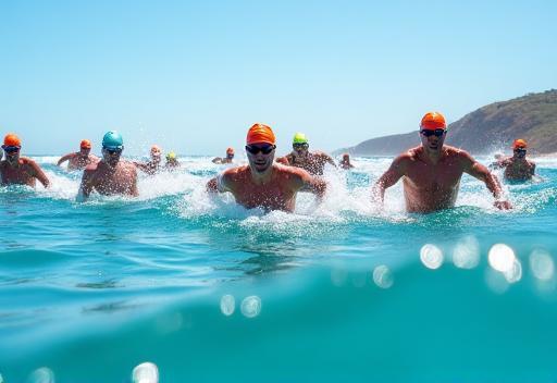 Group ocean swim training session off Burleigh Heads beach